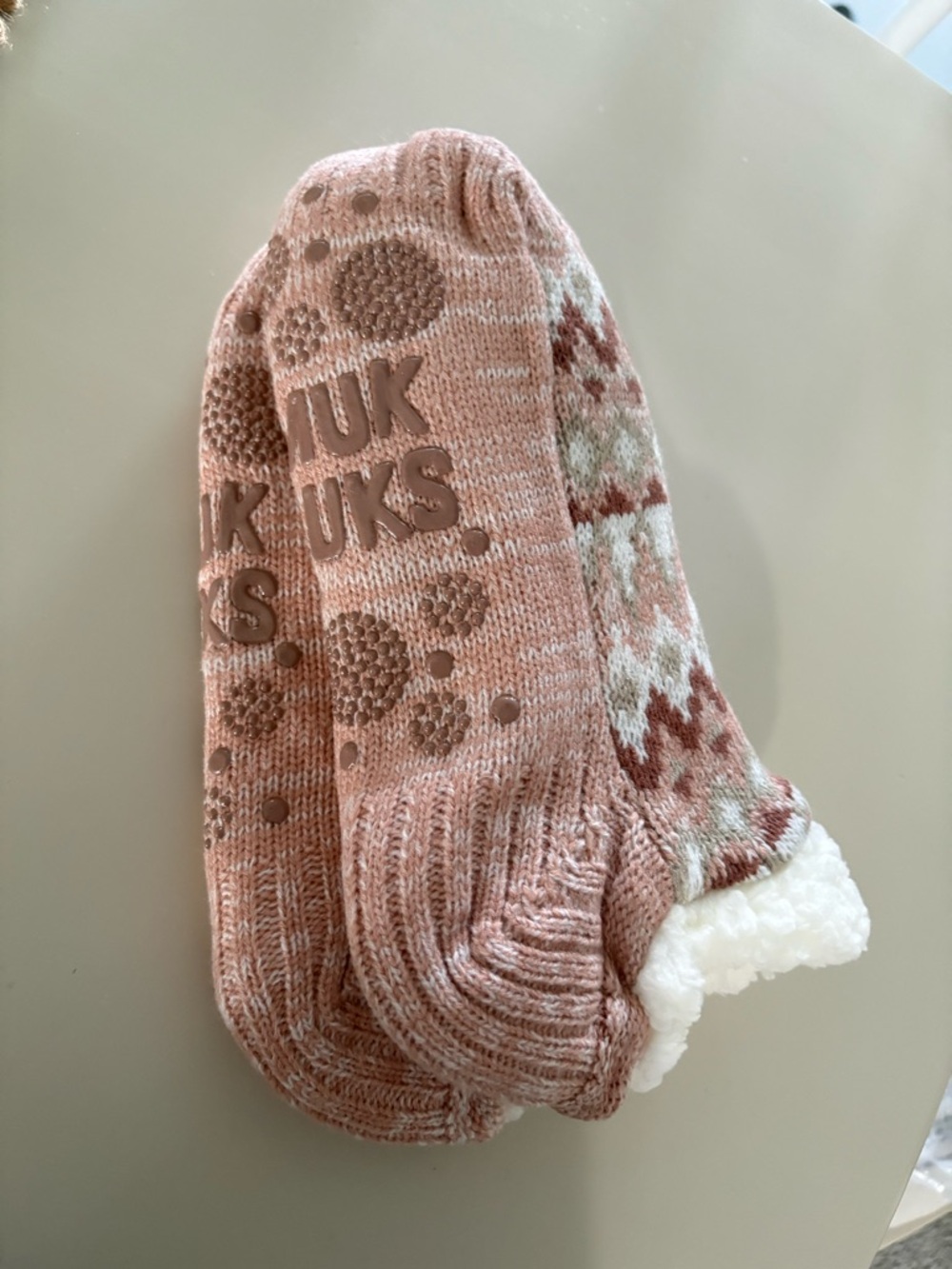 Muk Luks Pink, White & Brown Patterned Plush-Lined Cabin Socks - Picture 2 of 3